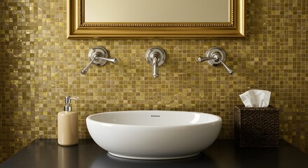 Fototapeta premium Luxurious Bathroom Vanity with Gold Mosaic Tiles and Modern Fixtures