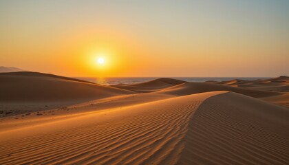 create a captivating image of sand dunes on a beach at sunset, the subject should be on the left side of the photo, positioned under the warm, sparkling light of the setting sun