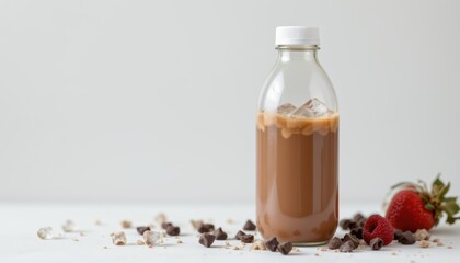 create a photo of a clear plastic bottle with a white cap containing an iced bubble cocoa drink, isolated on a white background in a glossy modern style