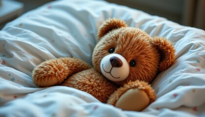 title: recovery time subject: teddy bear with bandage laying in bed, copy space: style: shimmering.
