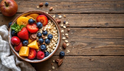 create an image of a healthy breakfast scene featuring a bowl filled with fresh fruits and oats, placed on a wooden surface from a top view perspective