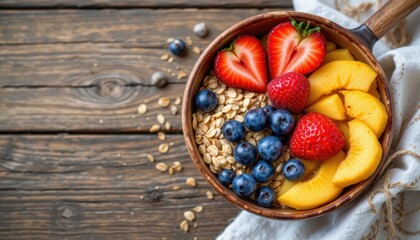 create an image of a healthy breakfast scene featuring a bowl filled with fresh fruits and oats, placed on a wooden surface from a top view perspective