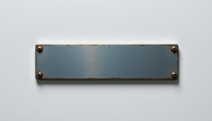 create a striking image featuring a blank metal nameplate and name tag set against a white background, the subject should be at the bottom of the frame