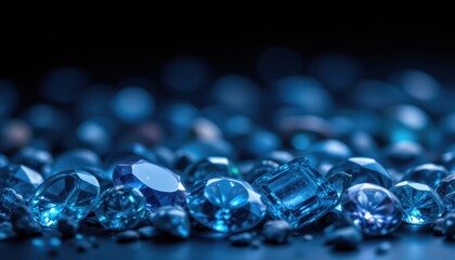 close up of gemstones in a collection against a dark background, electric blue tones create a moody and luxurious atmosphere, position the gemstones prominently at the bottom