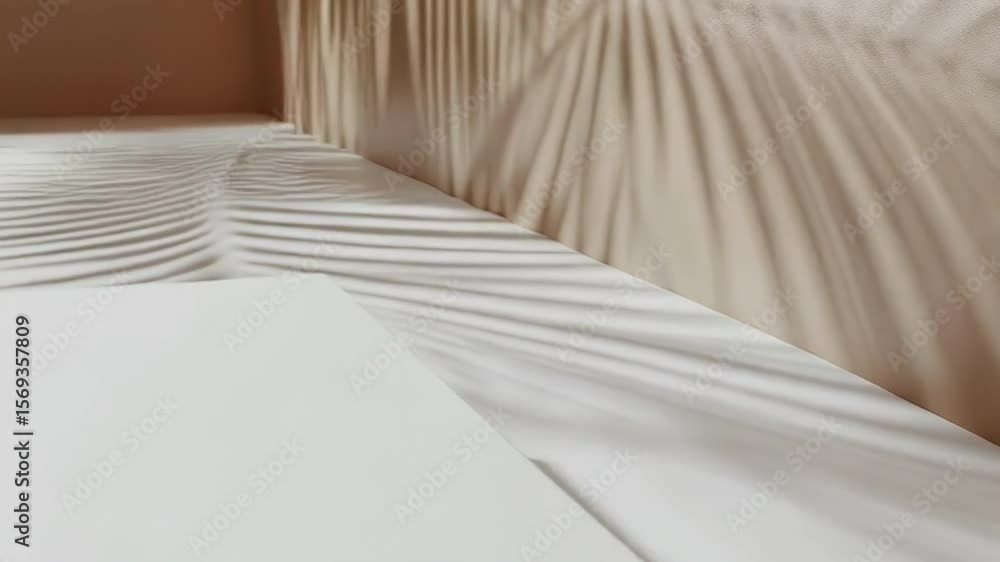 Aufkleber a white rectangular podium stands against a beige wall with a palm leaf shadow, creating a minimalis