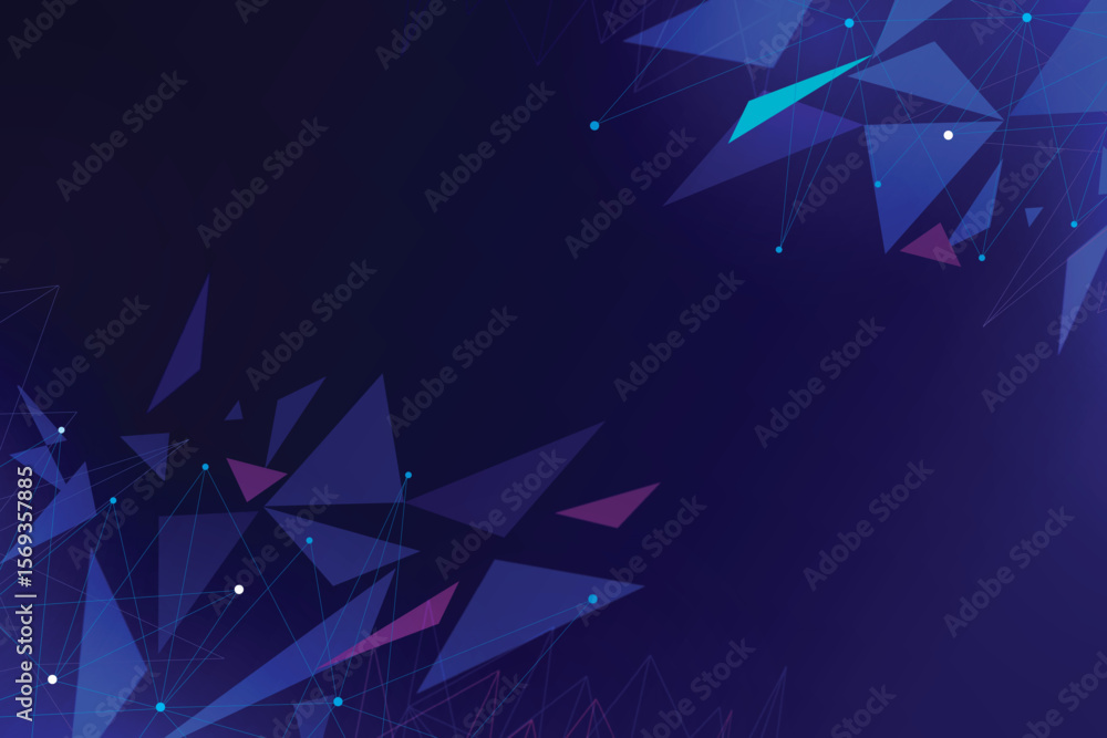 Poster abstract dark blue background with geometric shapes and connecting lines and glowing dots design iso