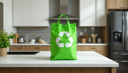 eco friendly kitchencreate a modern and eco friendly kitchen scene featuring a green recycling bag prominently placed on a white countertop