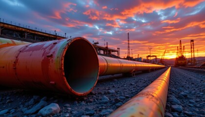 create a dynamic and colorful image of a construction site during sunset, featuring large pipelines laid on the stony ground against a fiery sky