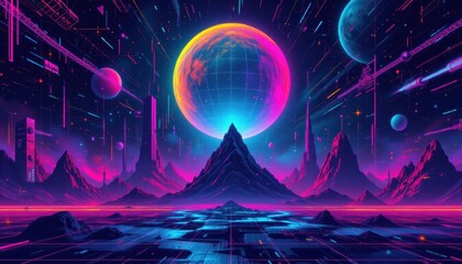 create a set of synthwave style posters that showcase geometric surreal elements representing futuristic cyberpunk covers for information technology, biology and science events