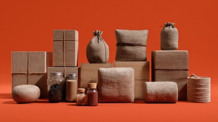 Collection of paper boxes and natural packaging sacks arranged on orange background for eco branding visuals photography composition
