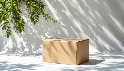 create a surreal, isolated on white background photo of a blank brown cardboard gable box mockup with ample copy space to the left of the subject under dappled light