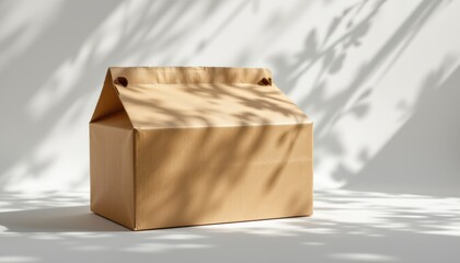 create a surreal, isolated on white background photo of a blank brown cardboard gable box mockup with ample copy space to the left of the subject under dappled light