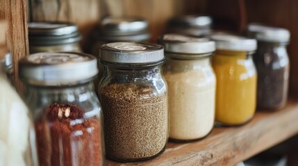 Closeup of spice and grain jars arranged on wooden shelf for culinary ingredient photography kitchen product storage visuals concept display