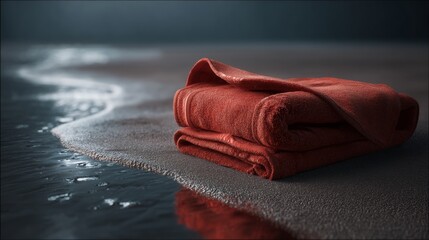 Red towel folded on wet sand shoreline for wellness spa beach relaxation photography product visuals mood composition concept