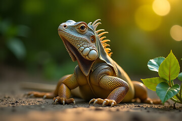 Obraz premium Iguana Basking in Sunlight with Lush Greenery in the Background