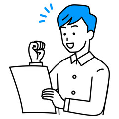 書類を見て喜ぶカジュアルな男性