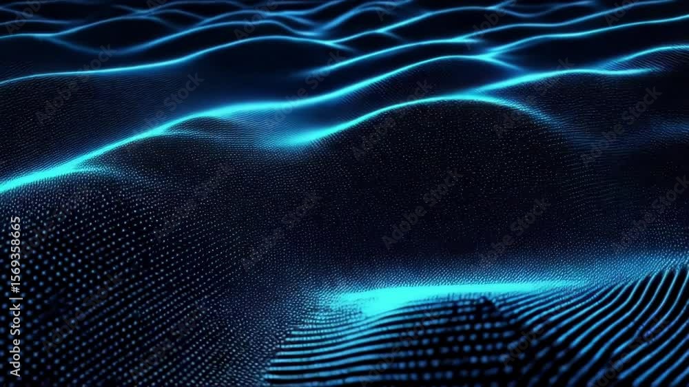 Poster a blue digital wave of data particles creates an abstract and futuristic background with a network c