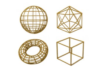 Four golden wireframe geometric shapes isolated on a transparent background.