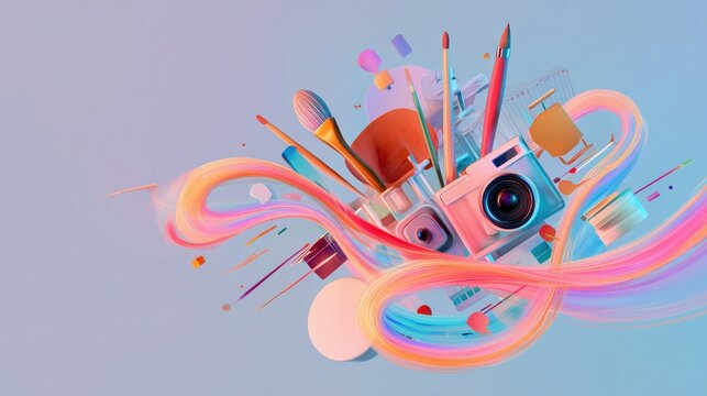 Vibrant abstract composition of glowing creative tools like a brush camera lens and microphone surrounded by data streams symbolizing content creation and marketing