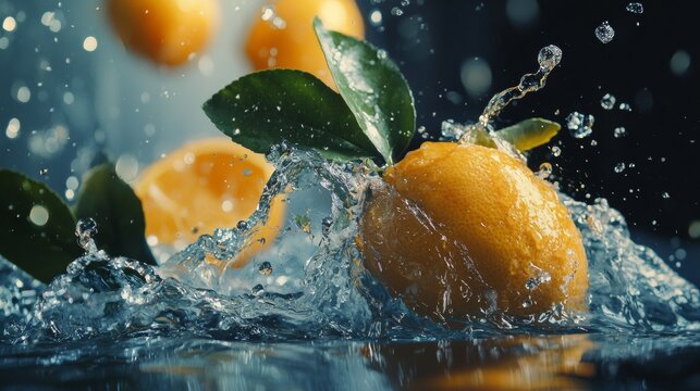 Splashing lemon in water with dramatic lighting and blue background for fruit and beverage photography