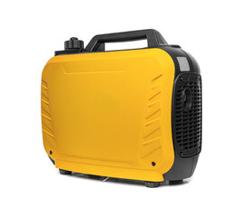 Portable yellow power generator with a sturdy handle and compact design, isolated on a white background