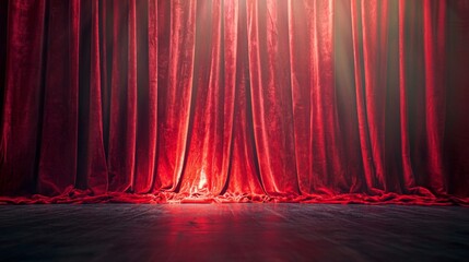 Empty red theater stage with closed curtains and dramatic spotlight for performing arts or cinema photography visuals