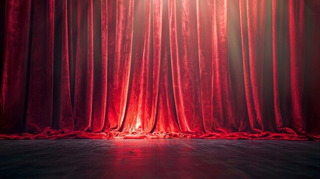 Empty red theater stage with closed curtains and dramatic spotlight for performing arts or cinema photography visuals