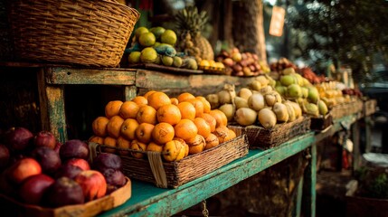 Fresh fruits and vegetables arranged in market wooden stand with rich color for food photography inspiration scene