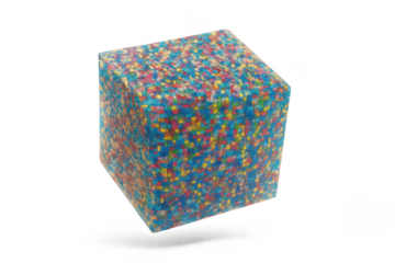 Vibrant, pixelated, multi-colored cube isolated on transparent background.