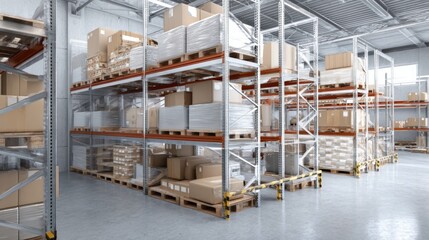 Industrial storage racks in warehouse with cardboard boxes for logistics shipping inventory and commercial photography setting