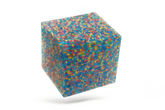Vibrant, pixelated, multi-colored cube isolated on transparent background.