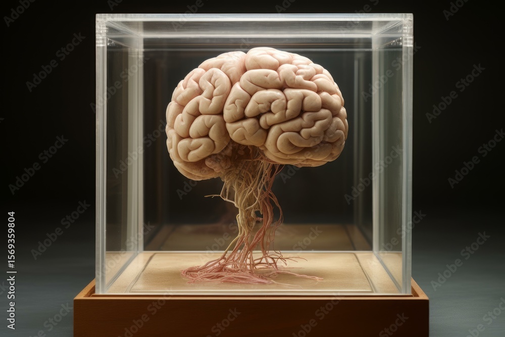 Poster preserved human brain inside a transparent display case, showcasing the intricate network of the spi