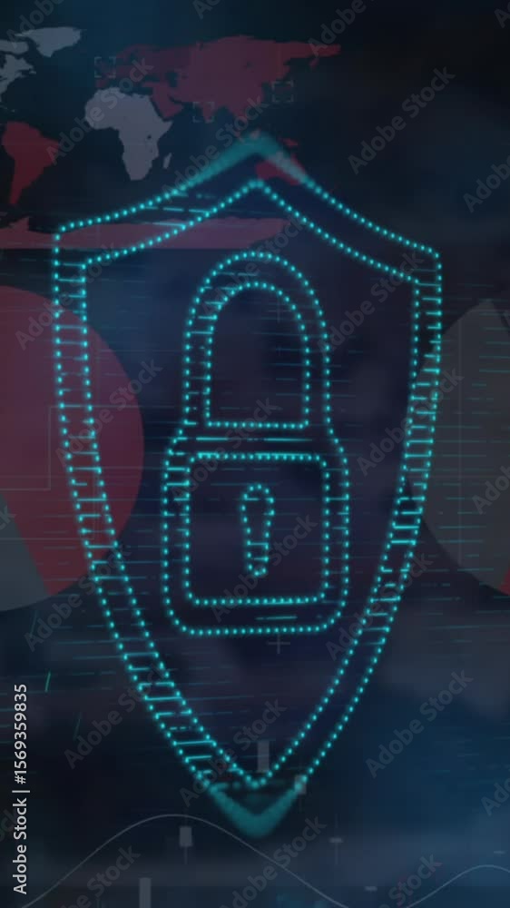 Poster animation of security padlock icon and statistical data processing against blue background
