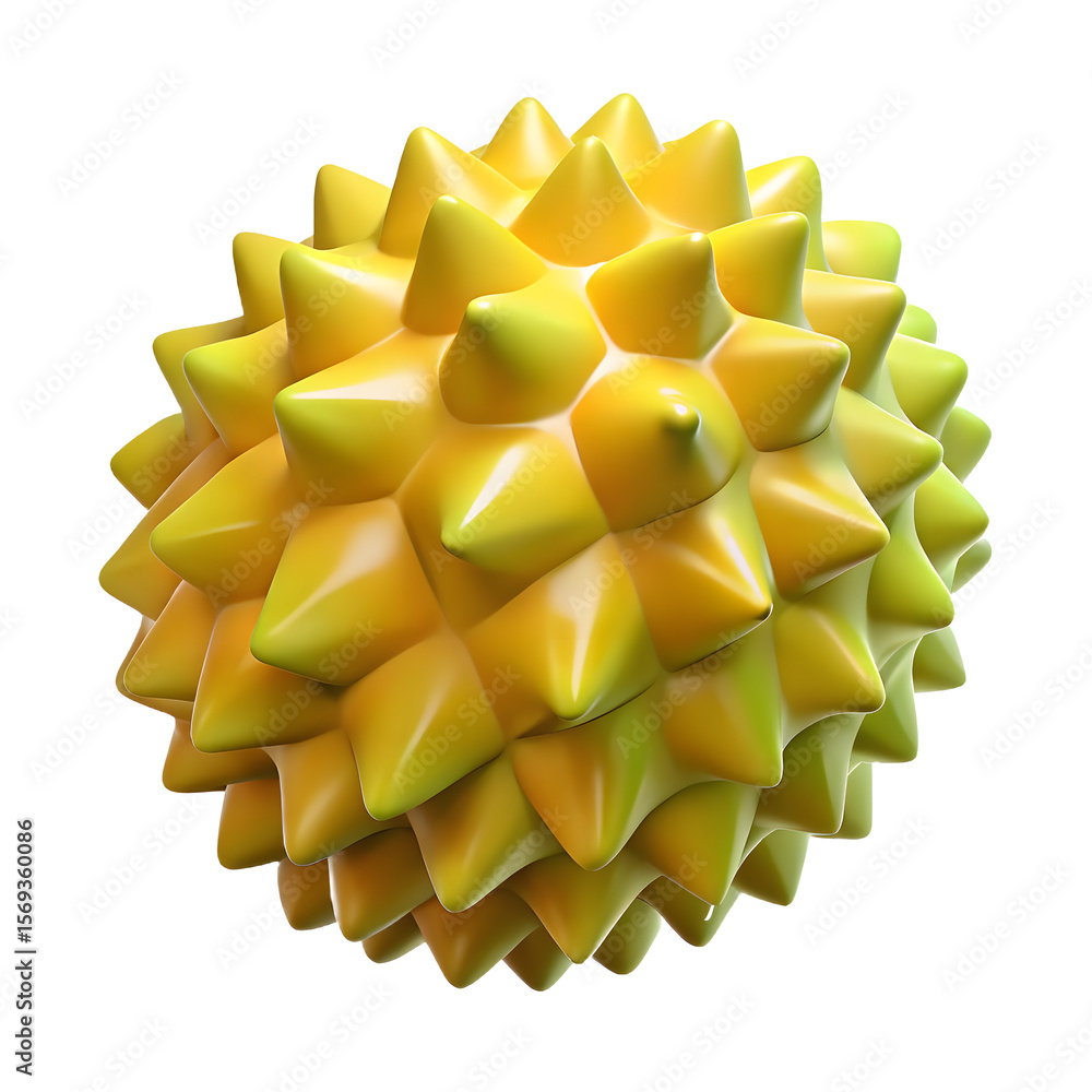 Poster spiky yellow sphere with textured surface and sharp protrusions on transparent backdrop
