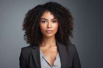 Young businesswoman with curly hair wearing a suit posing in a studio with a gray background