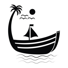 Tropical Island Boat Silhouette Simple Vector Illustration