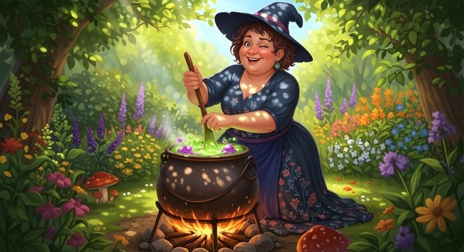 Modern witch is cooking magic potion or elixir in a forest.