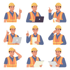 Construction Worker in Various Poses with Tools