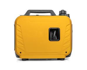 Portable yellow power generator with a sturdy handle and compact design, isolated on a white background