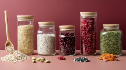 Jars of grains beans and seeds in neat row on red background for organic superfood photography pantry inspiration