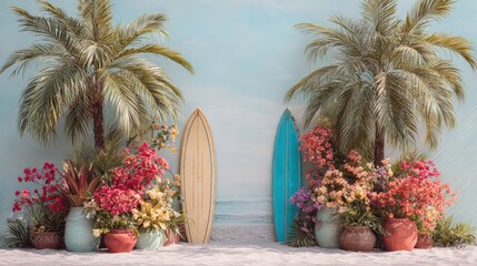 Tropical beach scene with two surfboards flanked by vibrant flowering plants in terracotta pots, set against a calm ocean backdrop and two palm trees