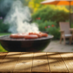 Empty table with barbecue grill and garden in background – outdoor cooking concept with product...