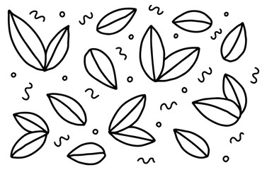 Doodle tea leaves drawing, leaves, simple, black outline, white background, editable vector image.