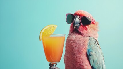 Funny parrot wearing sunglasses with orange drink on pastel background for summer vacation humor photography creative scene