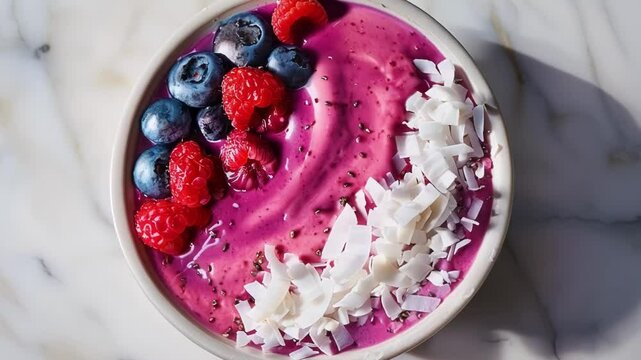 Pink smoothie bowl is topped with fresh blueberries, raspberries, chia seeds, and coconut flakes, making a healthy breakfast or snack