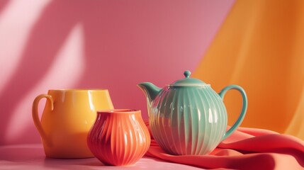 Colorful teapots on pink and orange background for beverage branding product photography lifestyle tea concept shoot