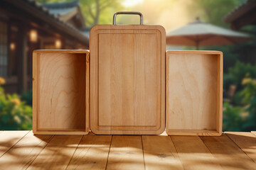 Empty wooden table wooden cutting board with copy space for text or product placement or branding....
