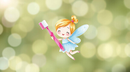 Cute little fairy with toothbrush on bokeh background.