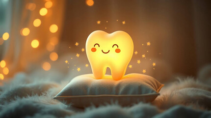 Tooth smiley on pillow with bokeh light background.