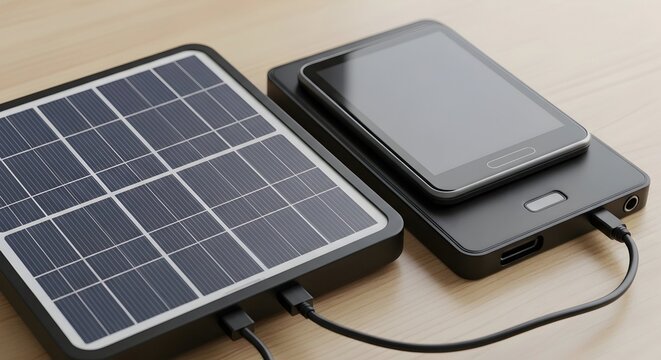 Portable solar panel charging a smartphone on a wooden table. Eco-friendly power source for digital devices. Modern technology for sustained energy.